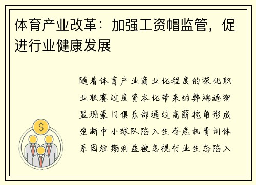 体育产业改革：加强工资帽监管，促进行业健康发展